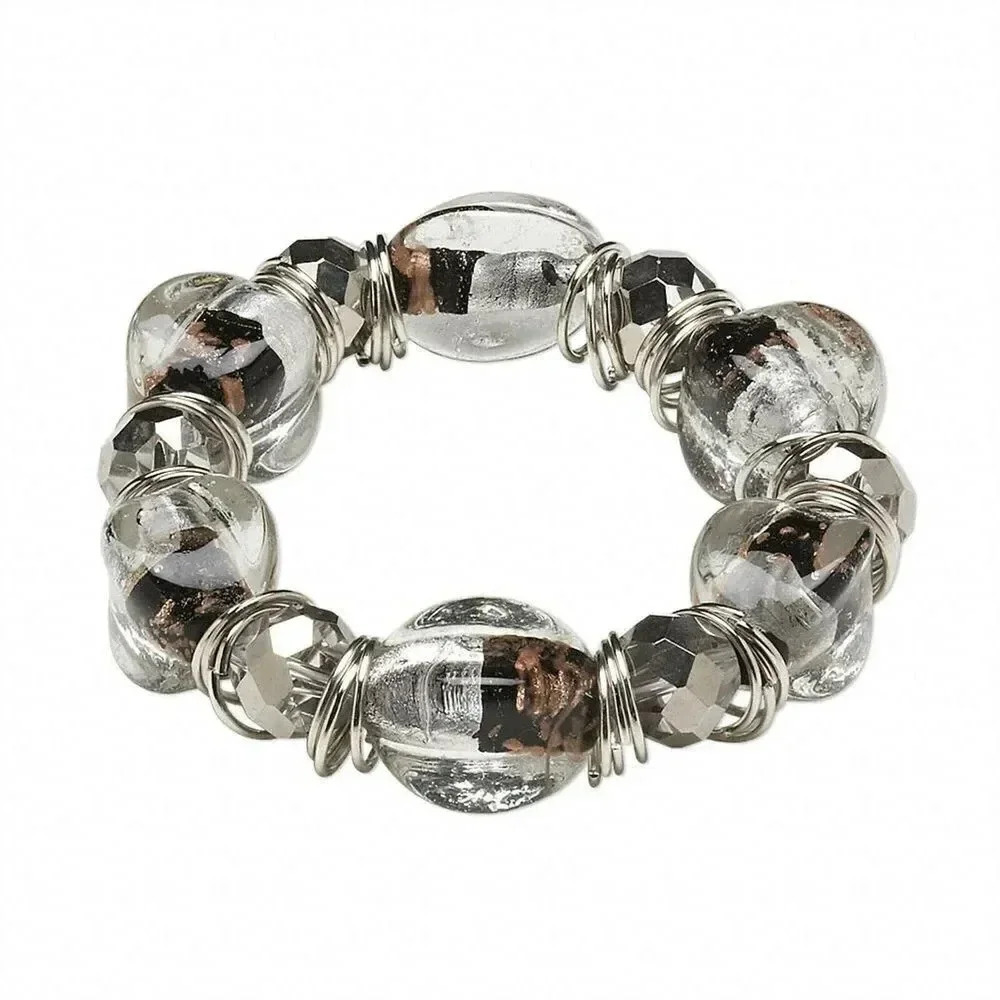 Handcrafted Silver Black and Clear Copper Foil Lampwork Beads Stretch Bracelet